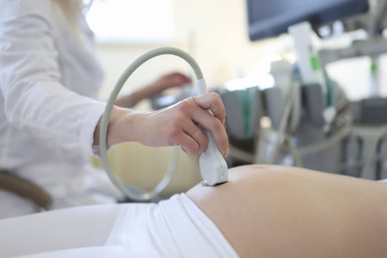 Gynaecologists doing ultrasound examination of pregnant woman